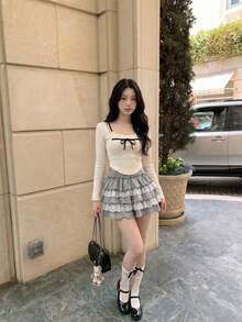 SHEIN MOD Summer Casual Knitted Shorts With Ruffle Trim And Lace Patchwork - Grey - View 4