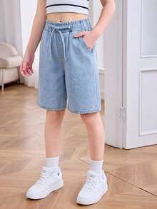 SHEIN Tween Girl Summer Casual Wide Leg Denim Shorts - Light Wash - View 5