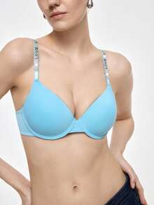 Bralution Light Blue Underwire Padded Bra, Uplifting & Supportive, Rhinestone Decor, Charming & Unique Design Women's Lingerie - Baby Blue - View 1
