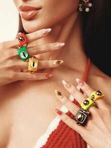 Popjeli 3 piezas 1 set de anillos cuadrados de resina personalizados con ojo de diablo, joyería de mujer de estilo punk de verano apilada y neutra, adecuada para fiestas y vacaciones - Multicolor - Ver 1