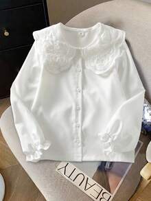 SHEIN 青少年女孩秋季上衣 優雅刺繡花卉領長袖前開鈕扣休閒公主風襯衫，適合學校、度假 - 白色 - 查看 13