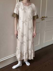 Napfluff Contrast Color Ruffle Trim Short Sleeve Romantic Floral Print Long Nightgown - Multicolor - View 3