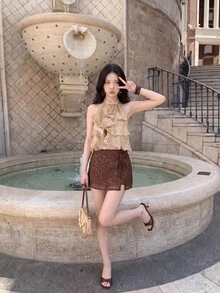 SHEIN MOD Women's Brown Sequin Mini Skirt With Tie-Up Low Waist,Side Slit,Summer 70s Party Bling Rave Festival Halloween Goth Western Style Drawstring Skirt - Coffee Brown - View 9