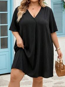 SHEIN CURVE+ New Elegant Casual/Business Casual Women's Short Sleeve Chiffon Shirt Dress, V-Neck Loose Ruffle Sleeve Midi Dress, Plus Size T-Shirt Dress, Plus Size Vacation Dress, Plus Size Black Dress, Black V-Neck Dress - Black - View 5