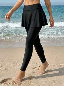 Livesso Women's Solid Color 2 In 1 Swimsuit Dress With Long Pants For Vacation - Black - View 6