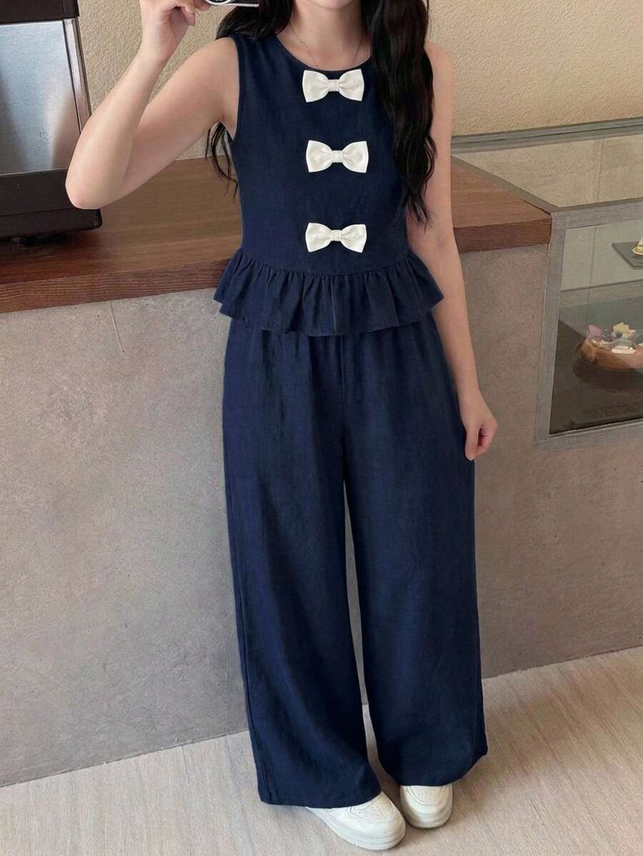 SHEIN 2件/組 青少年女孩深藍色與白色蝴蝶結裝飾吊帶上衣與長褲套裝,襯衫套裝 - 藏蓝色 - 查看 1