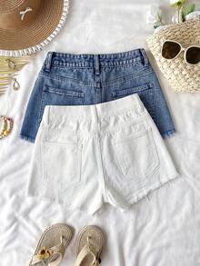 SHEIN 2pcs Blue & Black Denim Fitted Shorts For Teen Girls - Multicolor - View 2