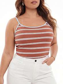 Solavibe Plus Size Summer Casual Tropical Contrast Striped Print Ringer Cami Top , Vacation, Spaghetti Strap Scoop Neck Summer - Brown - View 4