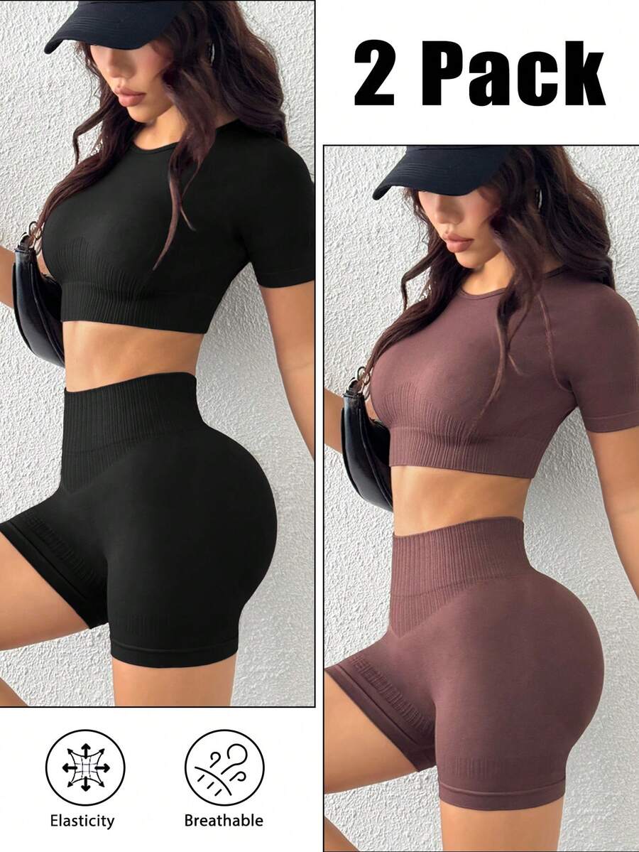 SHEIN Core Rhythm Set Olahraga Wanita Tanpa Jahitan, Lengan Pendek Olahraga, Celana Pendek Olahraga, Pengangkat Bokong dan Pelangsing, Set Seksi Multi-Potong, Set Kombinasi - MultiWarna - View 1