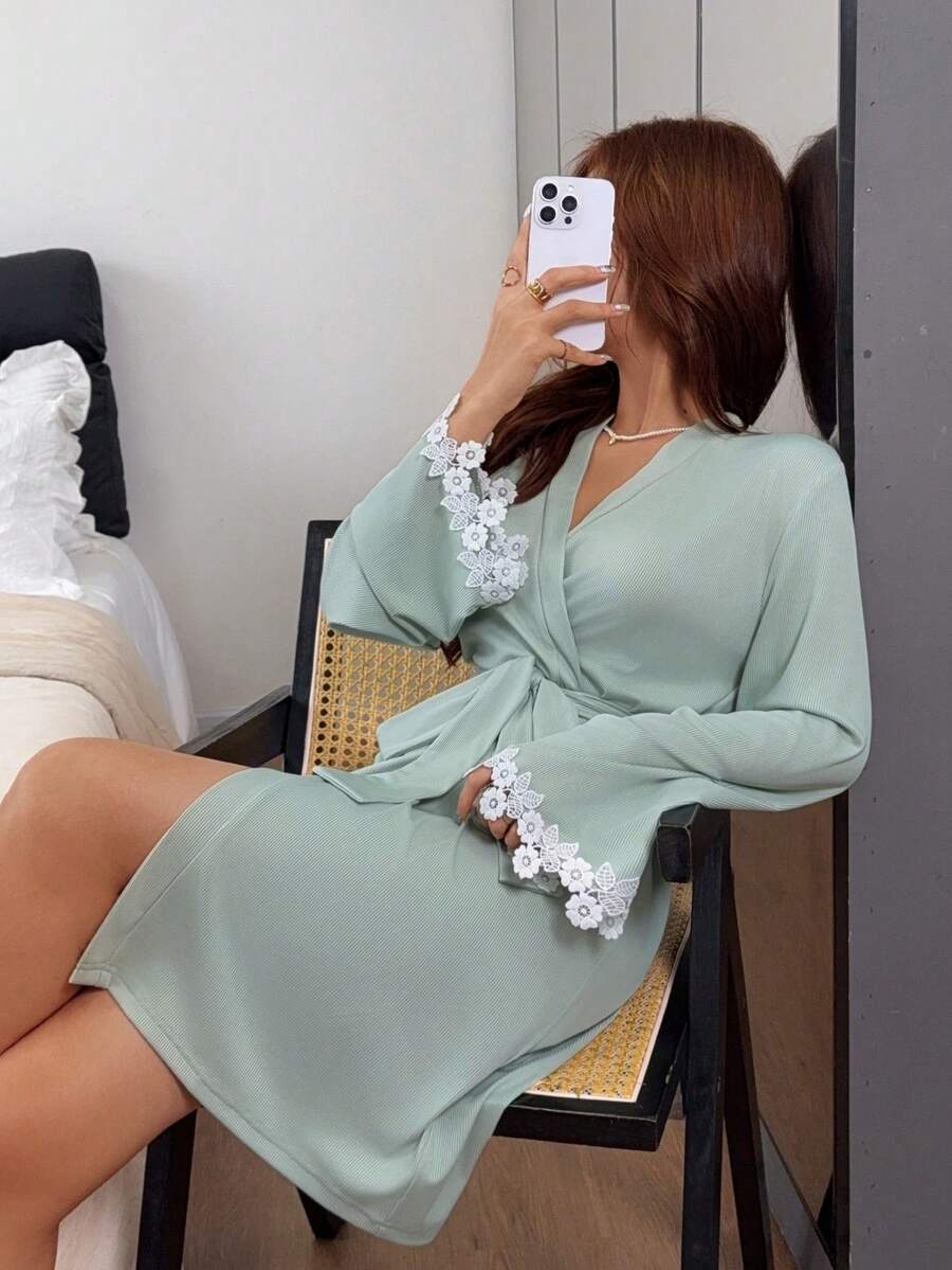 Napfluff Solid Color Lace Patchwork Slim Fit Camisole Pants With Long Sleeve Women's Loungewear Robe - Green - View 1