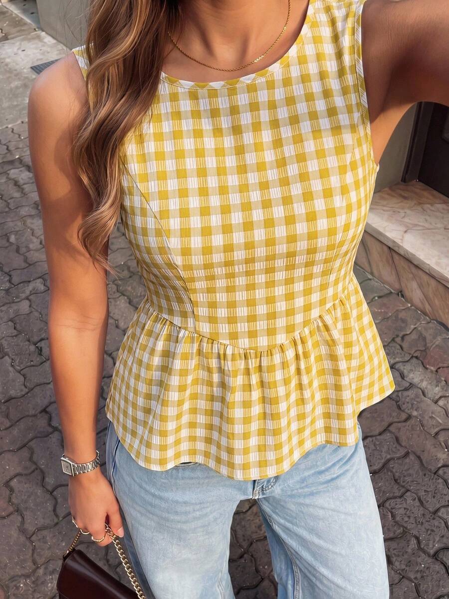 SHEIN Holidaya Áo sơ mi nữ kẻ caro xếp nếp, kiểu dáng thường ngày, đa năng.