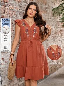 Rosumi Plus Size Women's Summer Casual Bohemian Boho Vacation Floral Embroidery Dress Country Going Out Dinner Business Daily Wear Ruffle Pastel - Redwood - View 8