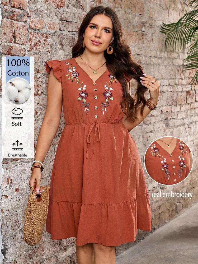 Plus Size Women's Vacation Floral Embroidery V-Neck Flutter Sleeve Dress