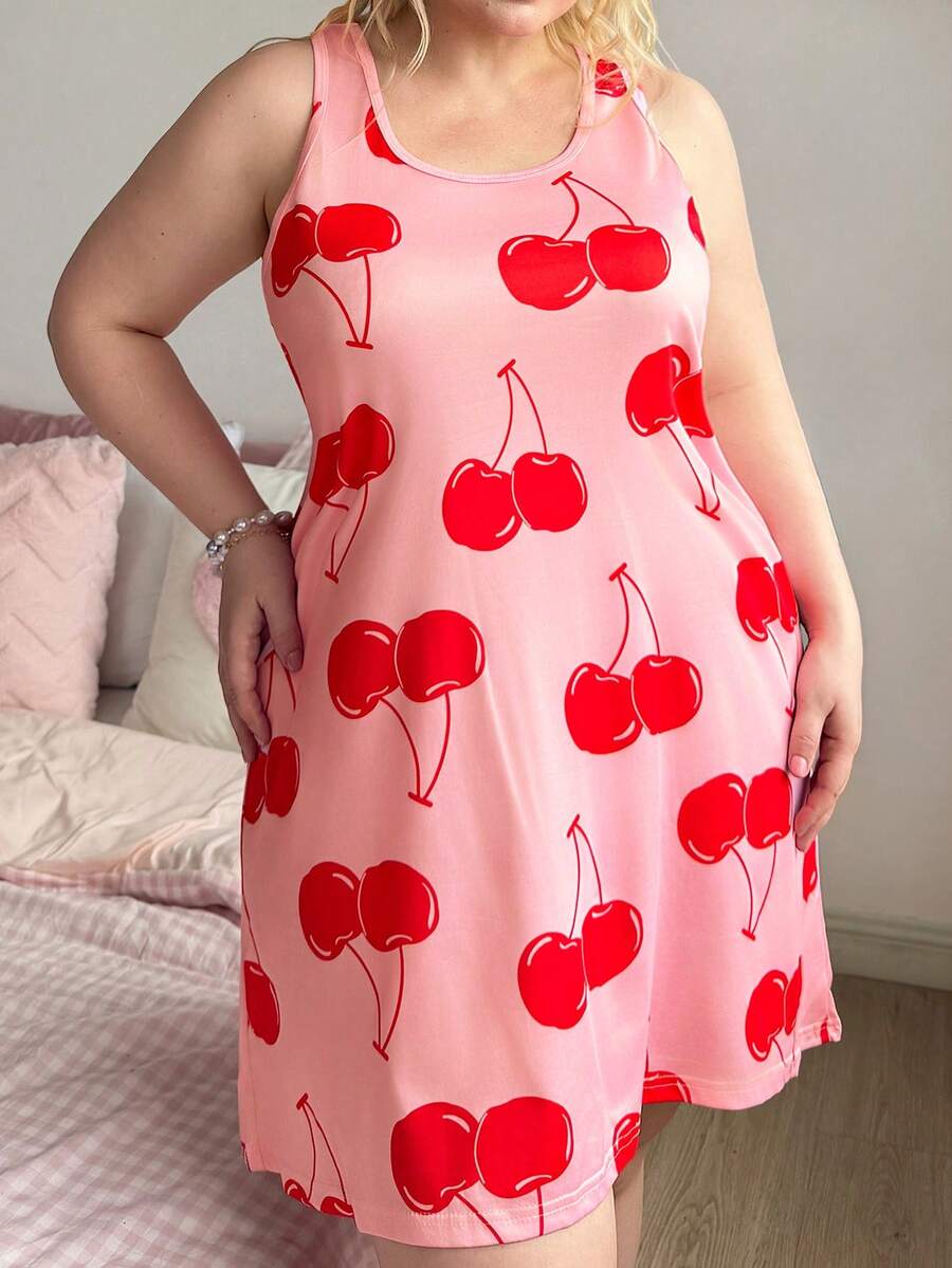 Slumberry CURVE Sweet Cute Vibrant Cherry Colorblock Print Pinafore Style Plus Size Women's Nightgown - Multicolor - View 1