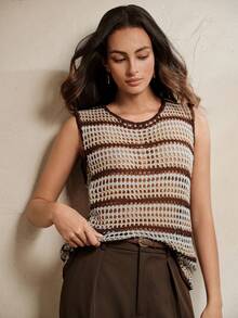 Anewsta Hollow Out Eyelet Contrast Color Knit Vest - Multicolor - View 1