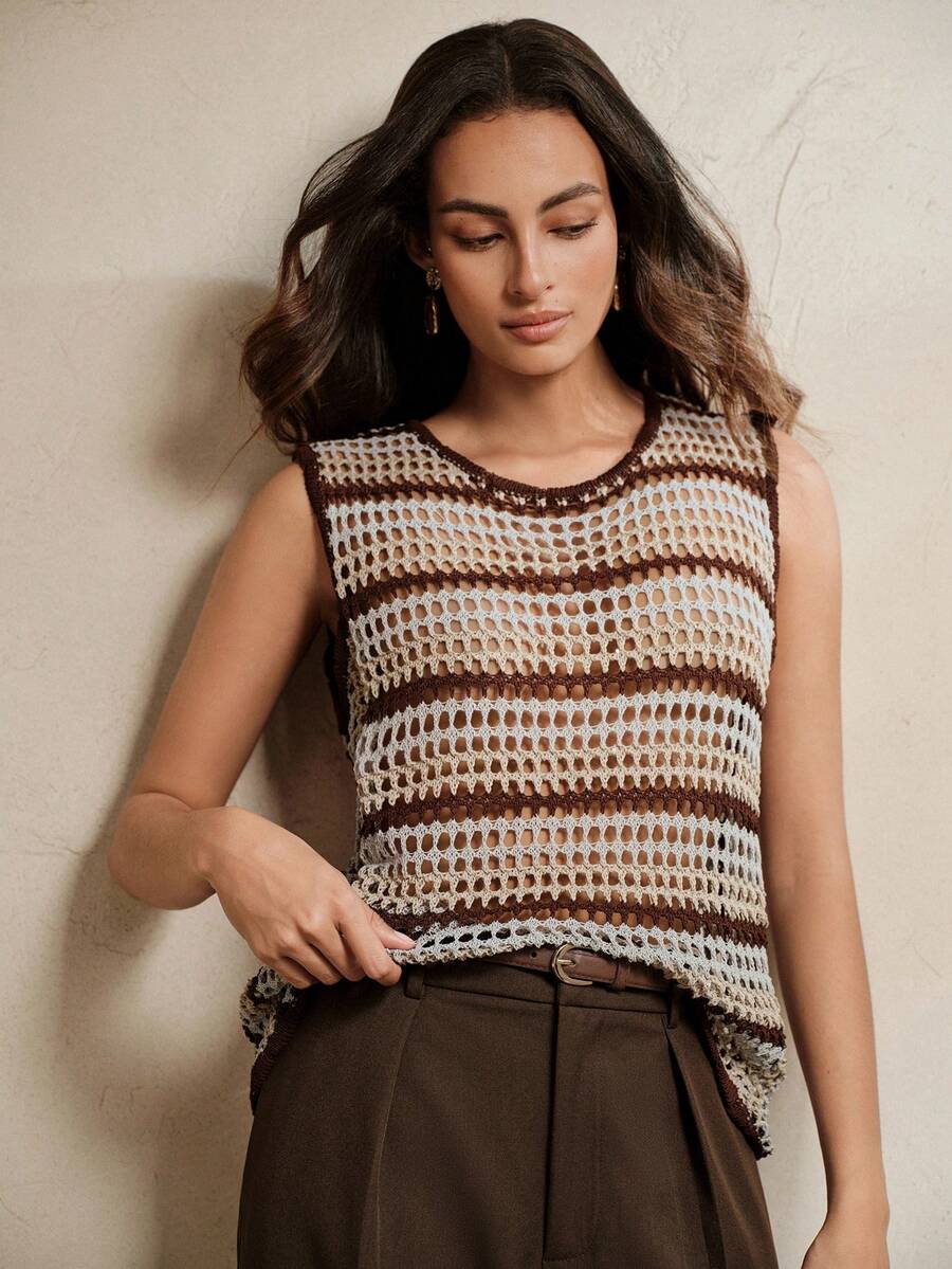 Anewsta Hollow Out Eyelet Contrast Color Knit Vest - Multicolor - View 1