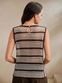 Anewsta Hollow Out Eyelet Contrast Color Knit Vest - Multicolor - View 2