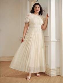 Anewsta Elegant Ruched Sleeve 3D Floral Applique Short Sleeve Summer New Style Plus Size Women's Dress - Apricot - View 4