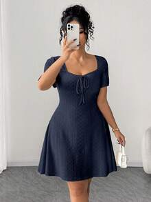 Elenzga Plus Size Fitted Slimming Fashion Yellow Jacquard Dress - Blue - View 8