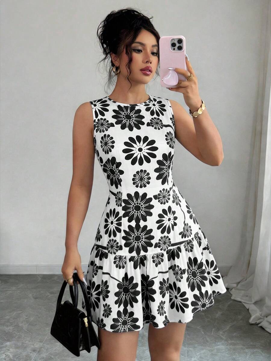SHEIN Elenzya 畢業季最新波希米亞風女款法式優雅編織花卉印花圓領無袖收腰迷你洋裝,度假穿搭,夏季穿搭,春/夏 - 黑色 - 查看 1