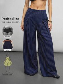 SHEIN PETITE 女士新款藏蓝色条纹西装裤，高腰优雅时尚高端褶裥弹力腰直筒宽松阔腿休闲裤，适合春秋季、日常通勤，百搭 - 藏蓝色 - 查看 1