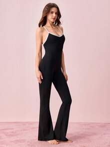 Bonmuse 1pc Women's Solid Color Comfortable Backless Jumpsuit Loungewear - Black - View 8