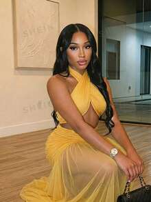 BamGleam Vestido de mujer con cuello extra largo, malla y espalda descubierta con pliegues - Amarillo - Ver 4