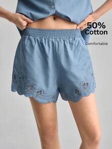 Ontre 2026 Women's Dusty Blue Summer Hollow Out Embroidery Loose Fit Shorts Elegant Romantic Elastic Waist Casual Chic Vacation Minimalist Solid Urban - Blue - View 5