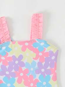 Set Baju Renang Terusan Bayi Perempuan Motif Bunga untuk Liburan, Termasuk Atasan Penutup dengan Tali Pengikat - MultiWarna - View 4