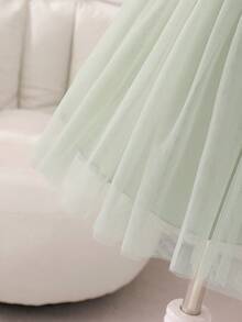 SHEIN Glamorique Kids 婚禮花童公主女童禮服大裙擺派對洋裝 全季節適用 鼠尾草綠 蓬蓬紗網格 綴珠 V領露背 大蝴蝶結 夏季優雅 秋冬款 - 綠色 - 查看 8