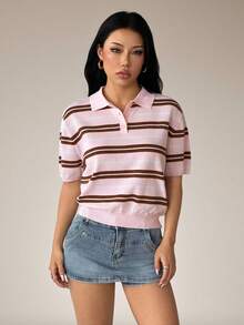 SHEIN PETITE 女款休閒條紋 Polo 領短袖針織上衣，春假外出穿搭可愛學院風短袖上衣，適合嬌小女性 - 粉色 - 查看 3