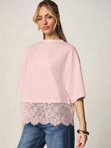 MISSGUIDED Blusa casual de manga corta con cuello redondo, ajuste relajado, hombros caídos y adorno de encaje, para primavera y verano - Rosa - Ver 4