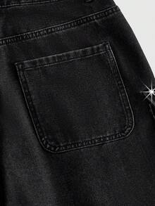 ROMWE MEN Street Life Men's Summer Casual Rivet Decor Denim Shorts - Black - View 5