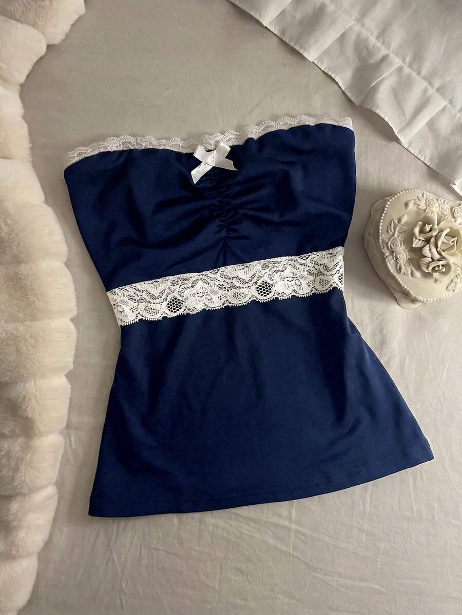 IslaSuriya 女款對比蕾絲蝴蝶結裝飾時尚Y2K可愛抹胸上衣 夜店風 海軍藍與白色 夏季 - 藏蓝色 - 查看 1