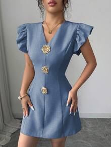SHEIN Elenzya 女款夏季精緻優雅通勤風V領短袖玫瑰金屬扣飾收腰A字短洋裝 - 藍色 - 查看 5