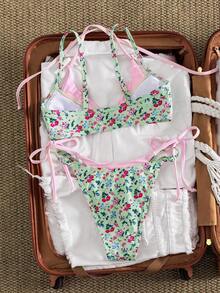 Swim Mod Spring/Summer New Pink & Green Colorblock Floral Lace-Up Bikini Set, Side Tie Bikini, Casual Beach Vacation Two Pieces Swimwear - Multicolor - View 2