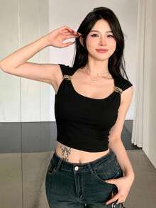 Livesso 夏秋金屬扣飾黑色短版吊帶背心音樂節辣妹修身短袖T恤 - 黑色 - 查看 6