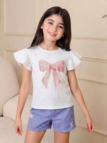 SHEIN LMoss Kids 青少年女孩白色紋理編織圓領抓皺荷葉邊飛袖修身休閒上衣，度假風法式優雅，適合春季出遊、度假、開學 - 白色 - 查看 5