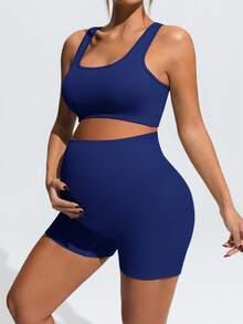 SHEIN Maternity Summer Breathable Solid Color Criss-Cross Back Sports Bra And Shorts Set - Navy Blue - View 10