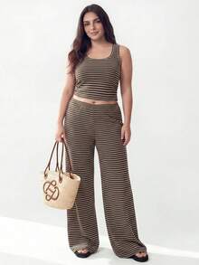 Solavibe Plus Size Women's Striped Colorblock Top And Pants Casual Daily 2 Pieces Set - Brown - View 4