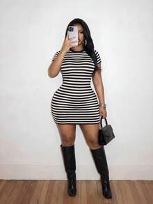 Slaydiva Spring Summer Music Festivals Easter St. Patrick's Day Western Sexy Style Graduation Ceremony Preppy Black And White Striped Bodycon Mini Dress - Multicolor - View 4