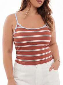 Solavibe Plus Size Summer Casual Tropical Contrast Striped Print Ringer Cami Top , Vacation, Spaghetti Strap Scoop Neck Summer - Brown - View 1