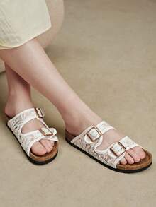 Solecia Women's Mesh Hollowed-Out Double-Button Slippers, Open-Toed Flat-Bottomed Retro Versatile And Breathable Slippers Summer - -8 net white - View 2