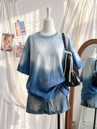 Lalippa Kaos Longgar Motif Digital Retro Efek Denim