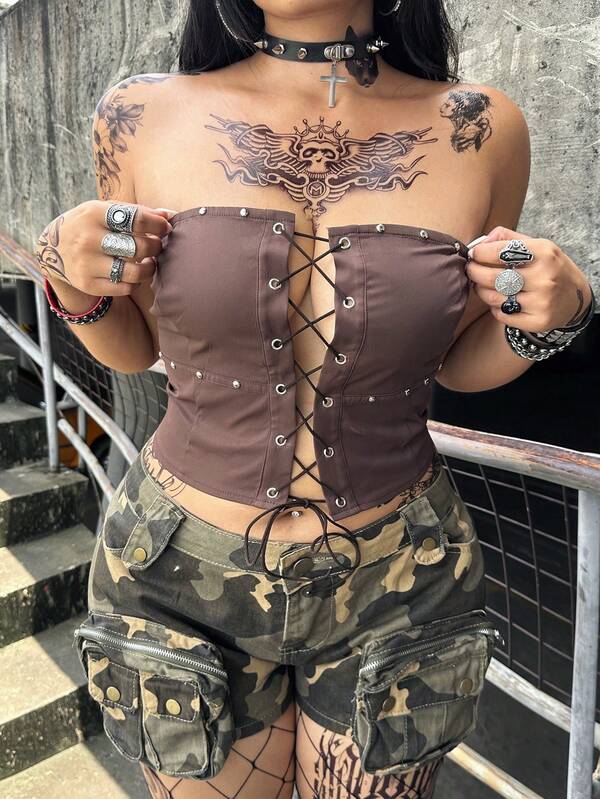 Whyspr Top de tubo bandeau sin tirantes con diseño pesado de ojales y cordones para mujer talla grande estilo europeo & americano, top interior moldeador de cintura y efecto adelgazante