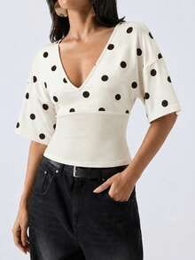 LYSMO Women's Summer Casual Polka Dot Print Patchwork Waist-Defining T-Shirt - Pale Yellow - View 6