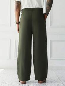Manfinity Homme 男士軍綠色梭織平織打褶直筒褲 極簡休閒風 男士寬腿褲 男士夏季長褲 - 軍綠色 - 查看 2