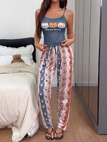 SHEIN 貓咪印花細肩帶上衣 & 撞色爪印長褲家居服套裝 - 彩色 - 查看 5