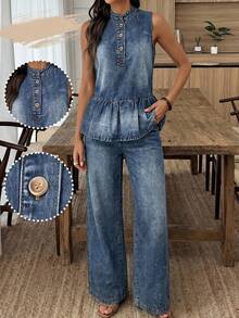 EMERY ROSE EMERY ROSE Women's Pastal Washed Summer Casual Sexy Denim Two-Piece Set, Sleeveless Henley Neck Peplum Top High-Waisted Wide Leg Pants Co-Ord Suit Swimming - Blue - View 4