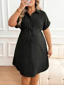 Plussiva 孕妇加大码简约基础款单排扣系带休闲连衣裙 - 黑色 - 查看 12